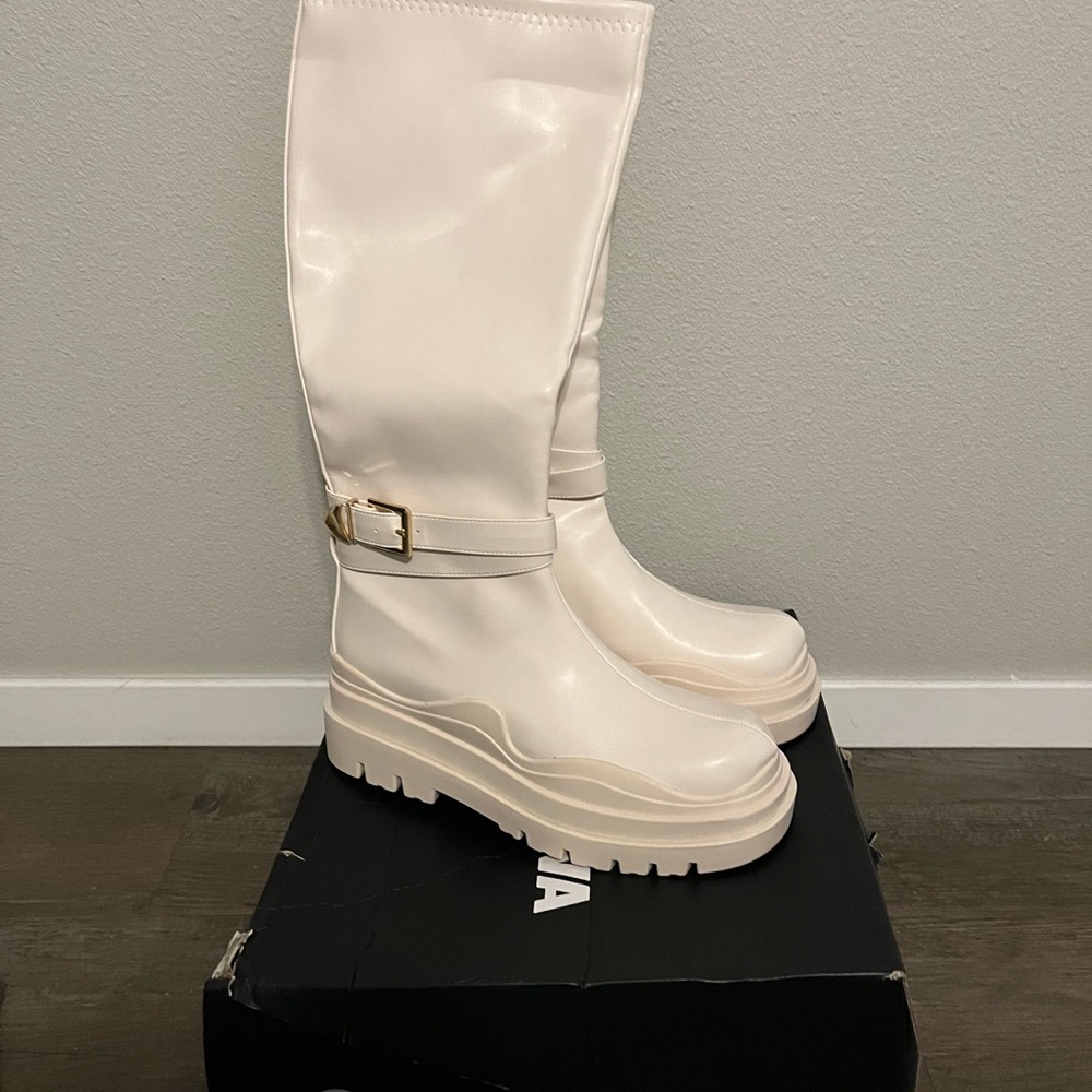 Cream Over the Knee Boots with Chunky Sole